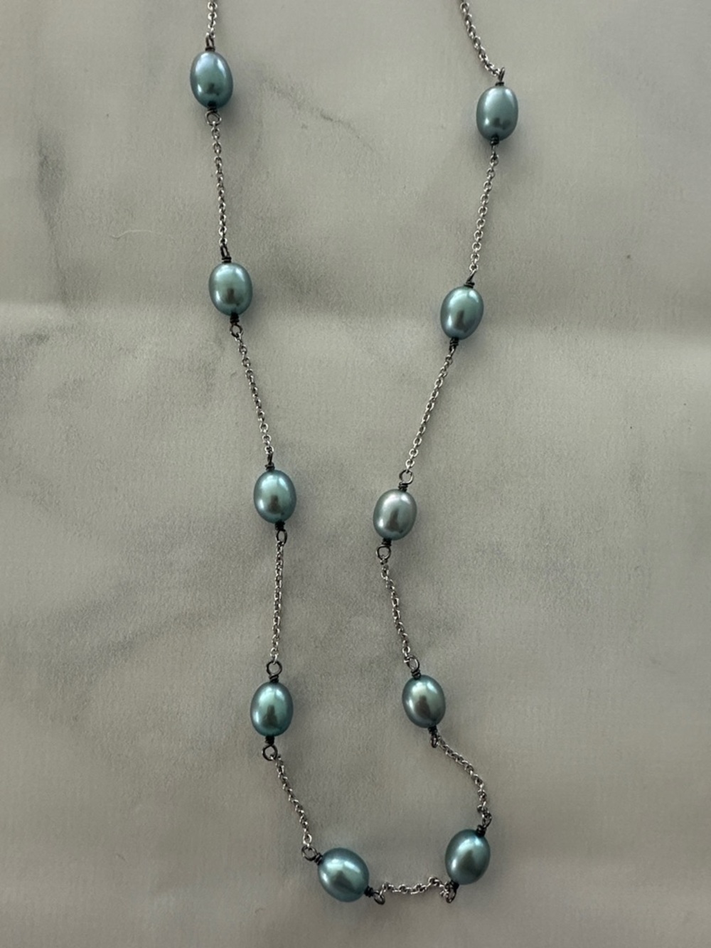 Seafoam Pearl Station Necklace — Women's Silver Chain
